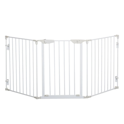 PawHut Pet Safety Gate, 3 Panels Playpen Fireplace, Metal Fence, Stair Barrier, Room Divider w/ Walk-Through Door - White