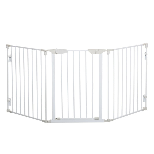 PawHut Pet Safety Gate, 3 Panels Playpen Fireplace, Metal Fence, Stair Barrier, Room Divider w/ Walk-Through Door - White