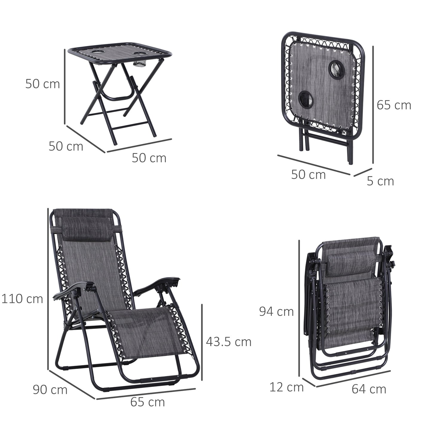 مجموعة من 3 كراسي قابلة للطي وطاولة استرخاء للتشمس مع حاملات أكواب ومقعد استرخاء للحديقة وساحة المسبح من Outsunny، باللون الرمادي الفاتح