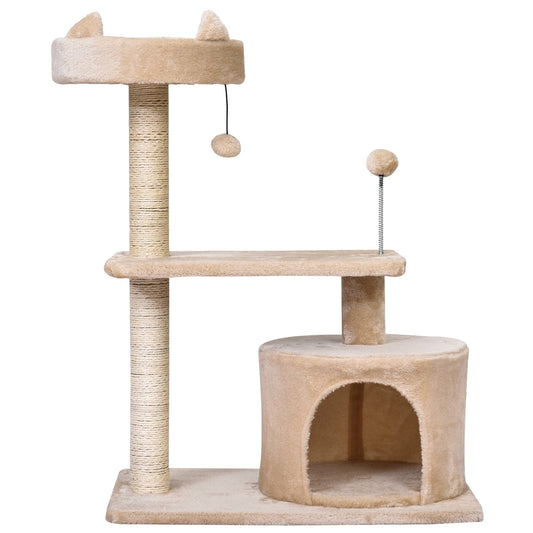 PawHut Cats 3-Tier Sisal Rope Scratching Post w/ Toys Beige