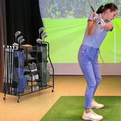 Golf Bag Storage Organizer for 2 Golf Bags and Golf Equipment Accessories-Black