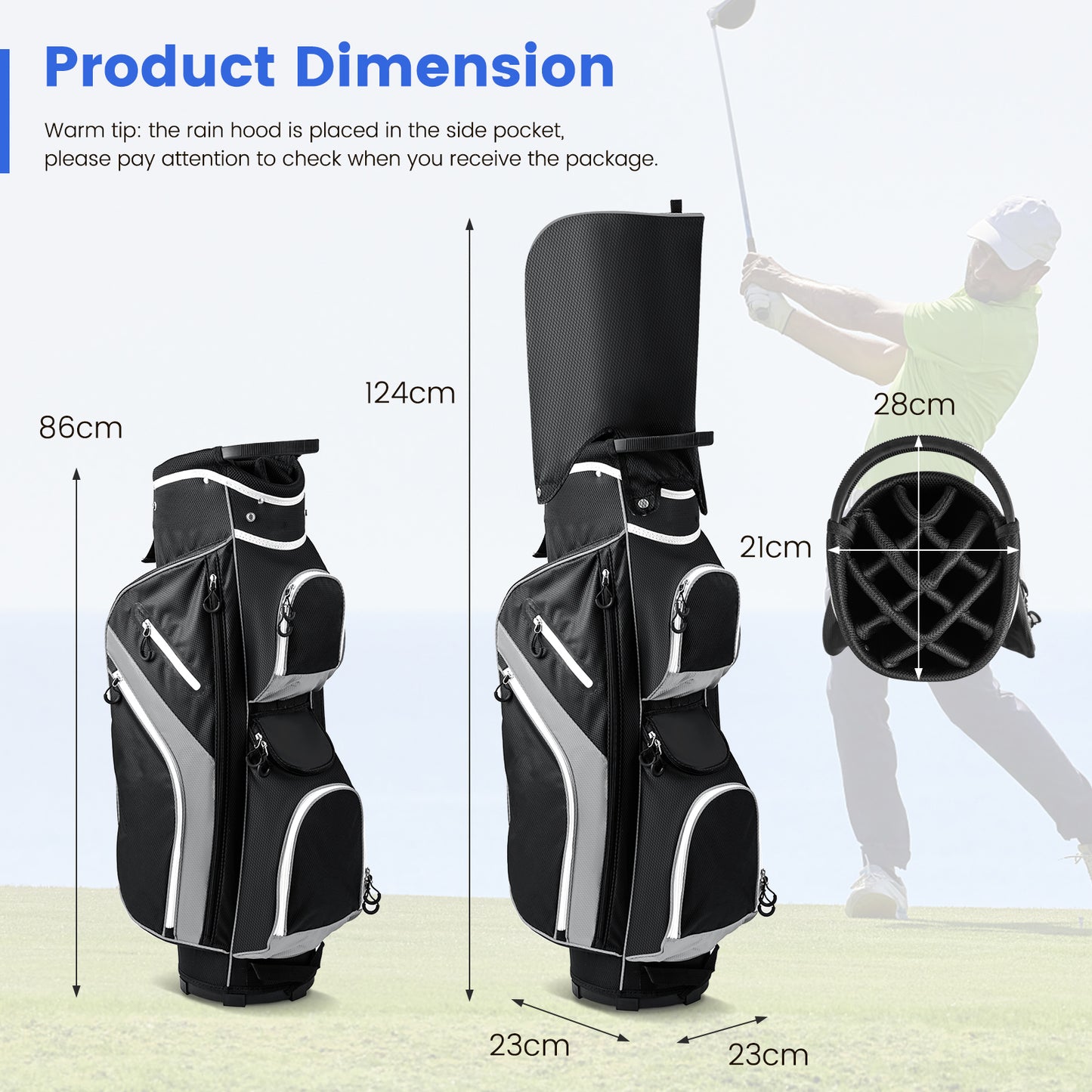 14-Way Golf Cart Bag with 9 Zippered Pockets and Cooler Bag-Grey