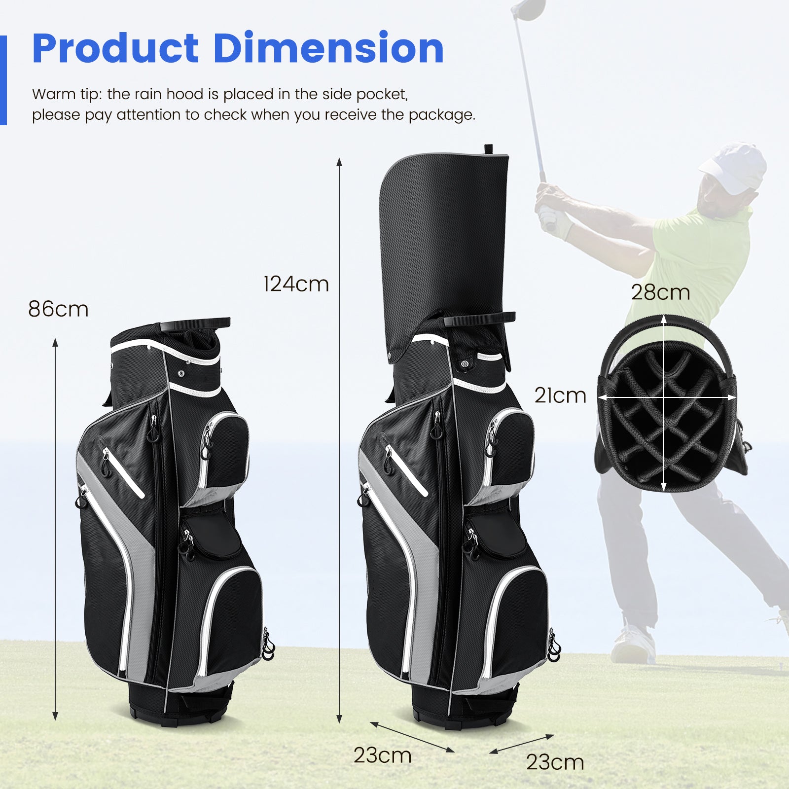 14-Way Golf Cart Bag with 9 Zippered Pockets and Cooler Bag-Grey