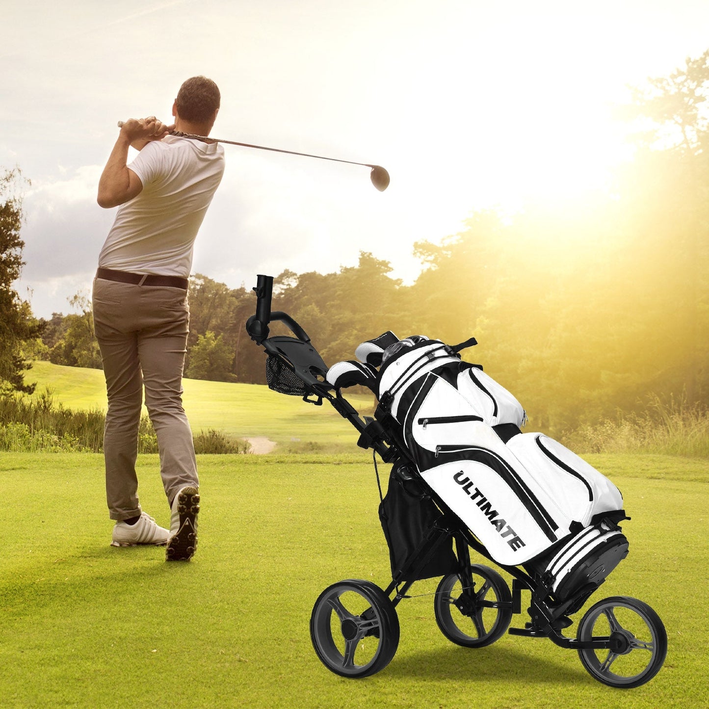 Golf Push Pull Cart with Storage Bag and Foot Brake-Grey