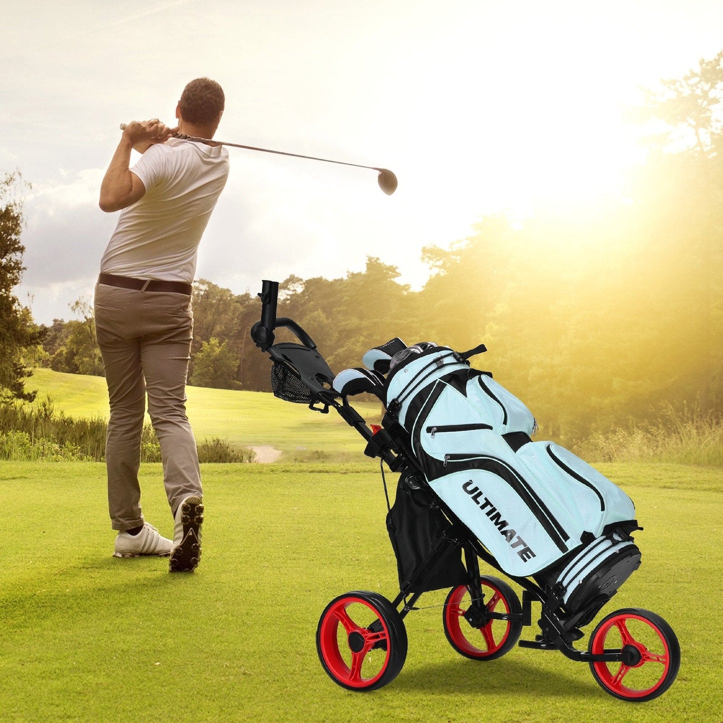 Golf Push Pull Cart with Storage Bag and Foot Brake-Red