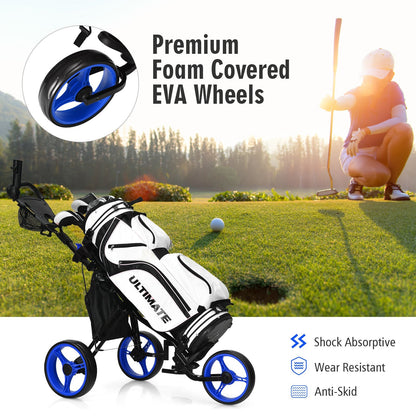 Golf Push Pull Cart with Storage Bag and Foot Brake-Blue