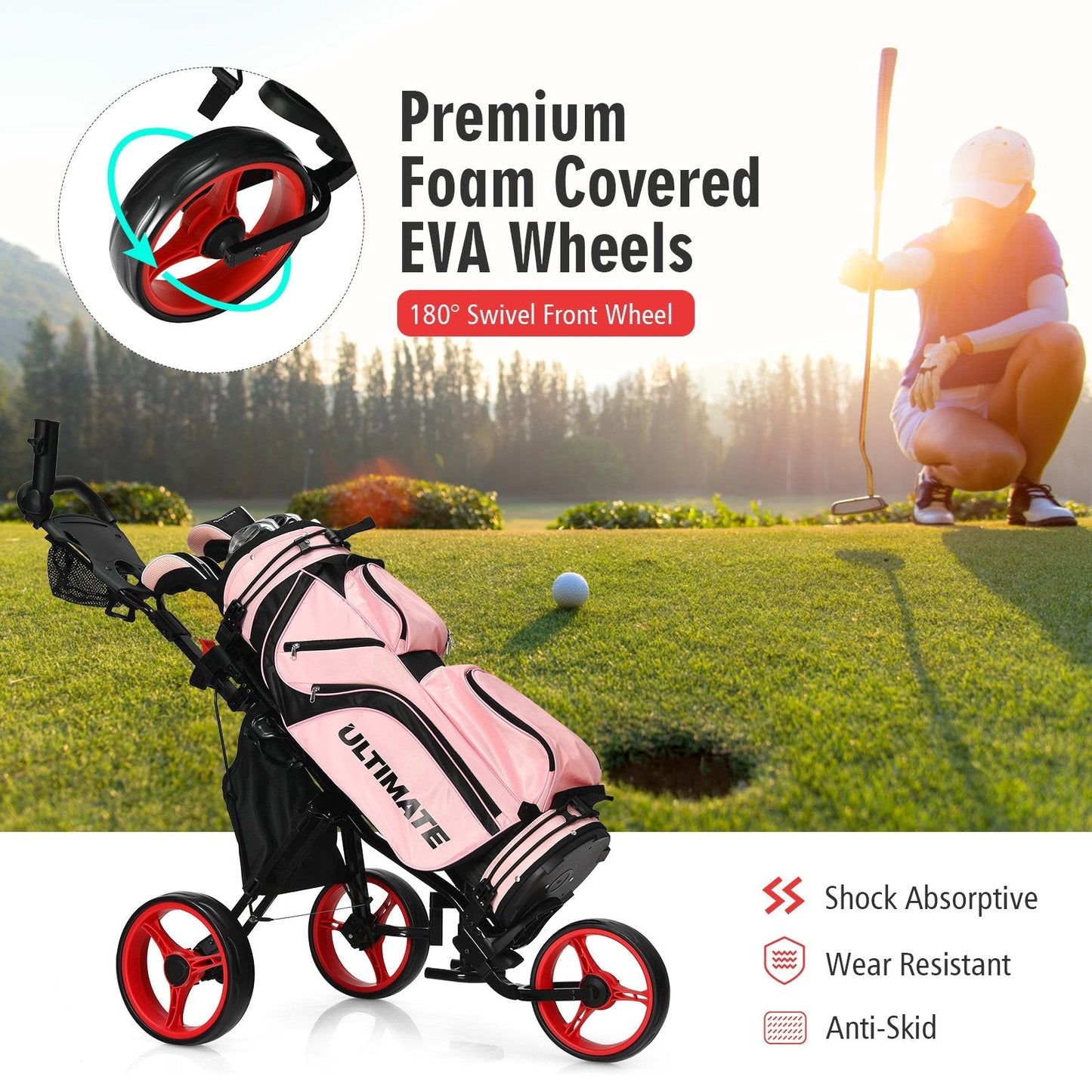 Golf Push Pull Cart with Storage Bag and Foot Brake-Red