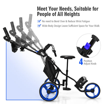 Golf Push Pull Cart with Storage Bag and Foot Brake-Blue