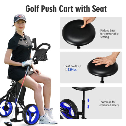 Golf Push Pull Cart with Storage Bag and Foot Brake-Blue