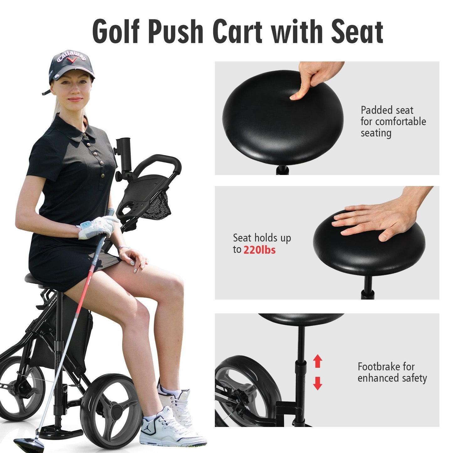Golf Push Pull Cart with Storage Bag and Foot Brake-Grey