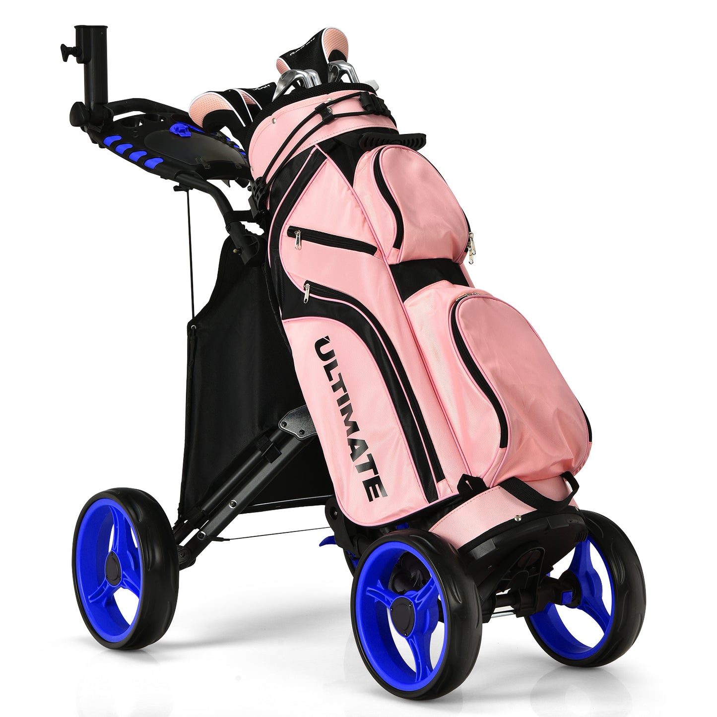 Golf Push Pull Cart with Waterproof Bag and Foot Brake-Blue