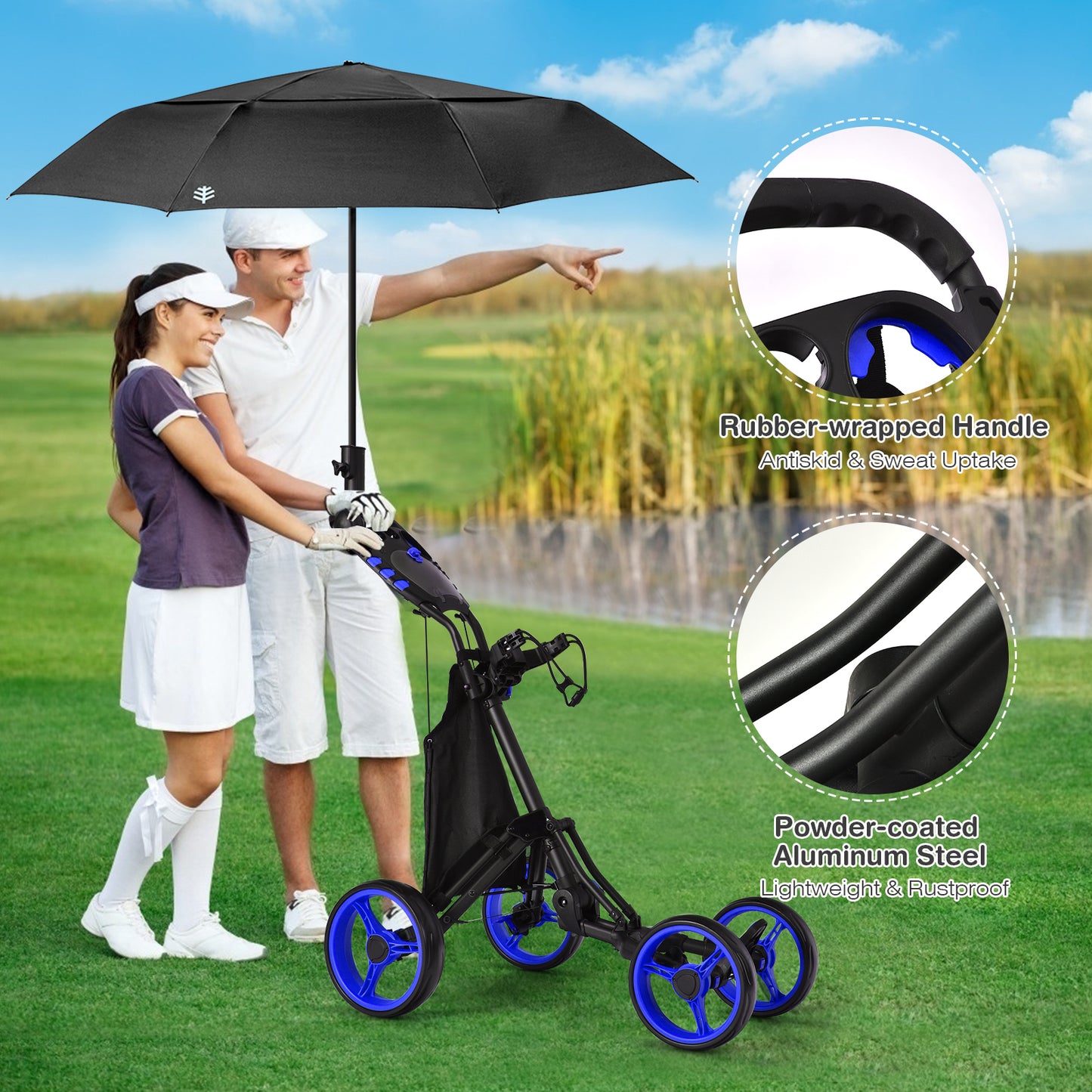 Golf Push Pull Cart with Waterproof Bag and Foot Brake-Blue