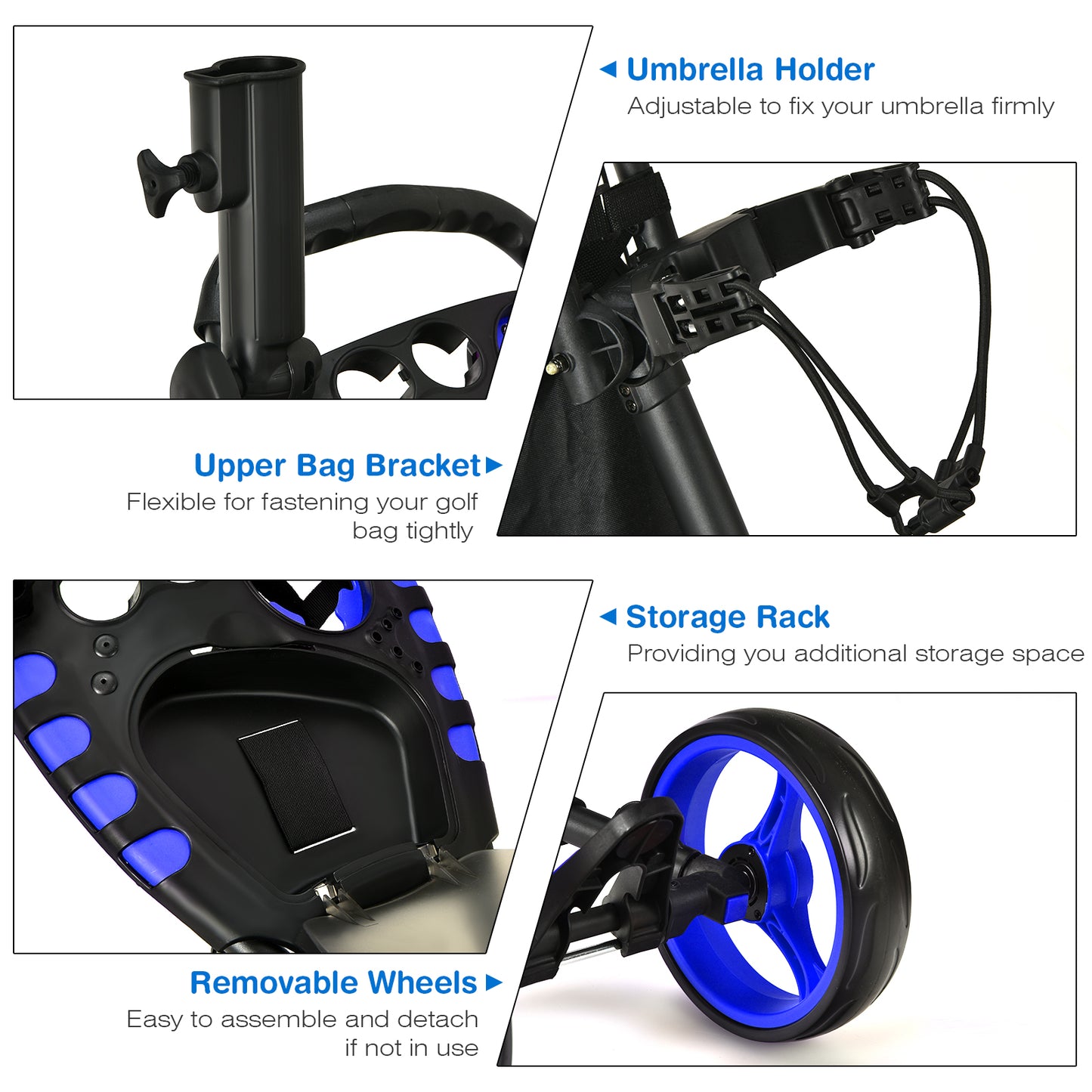 Golf Push Pull Cart with Waterproof Bag and Foot Brake-Blue