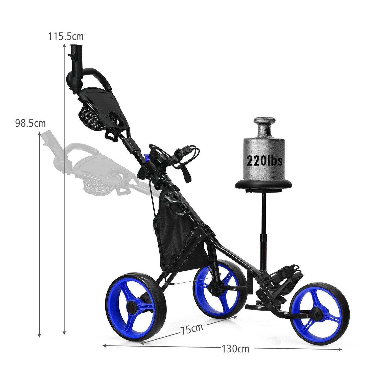 Golf Push Pull Cart with Storage Bag and Foot Brake-Blue