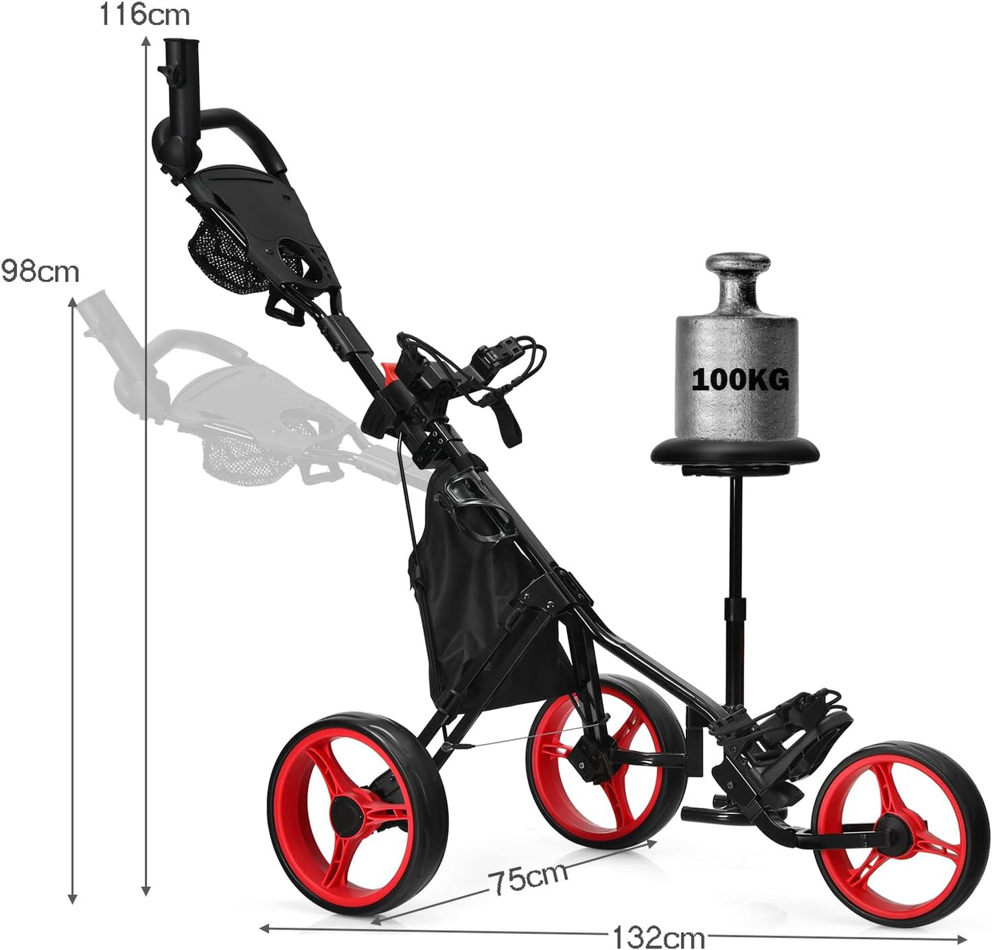 Golf Push Pull Cart with Storage Bag and Foot Brake-Red
