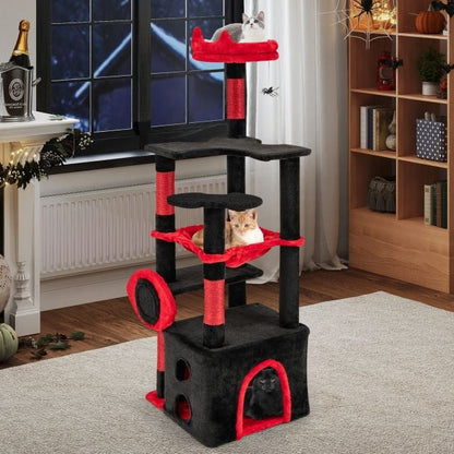 Gothic Cat Tree for Indoor Cats Large Cat Tower with Plush Perch-Red & Black