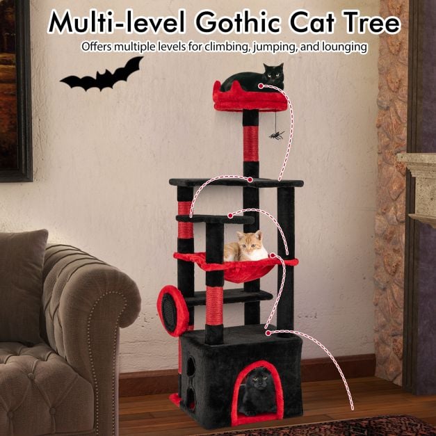 Gothic Cat Tree for Indoor Cats Large Cat Tower with Plush Perch-Red & Black