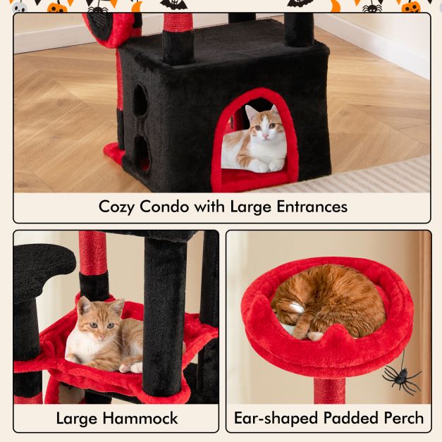 Gothic Cat Tree for Indoor Cats Large Cat Tower with Plush Perch-Red & Black
