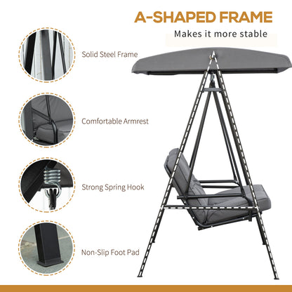كرسي أرجوحة للحديقة من Outsunny بمقعدين مع مظلة قابلة للتعديل، ومقعد أرجوحة خارجي بإطار فولاذي للفناء، باللون الرمادي