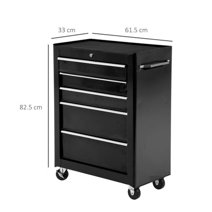 HOMCOM 5-Drawer Tool Box on Wheels, Lockable Tool Storage Cabinet with EVA Pat, Black