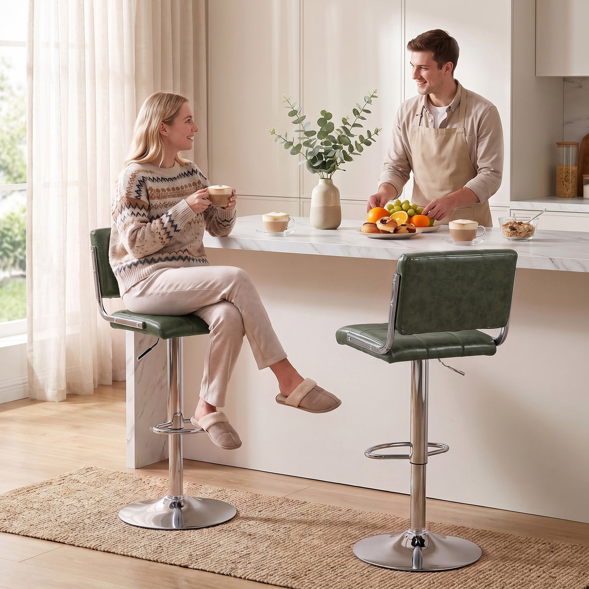 HOMCOM Bar Stools Modern PU Leather Adjustable Breakfast Bar Stools Backrest Set of 2 Green