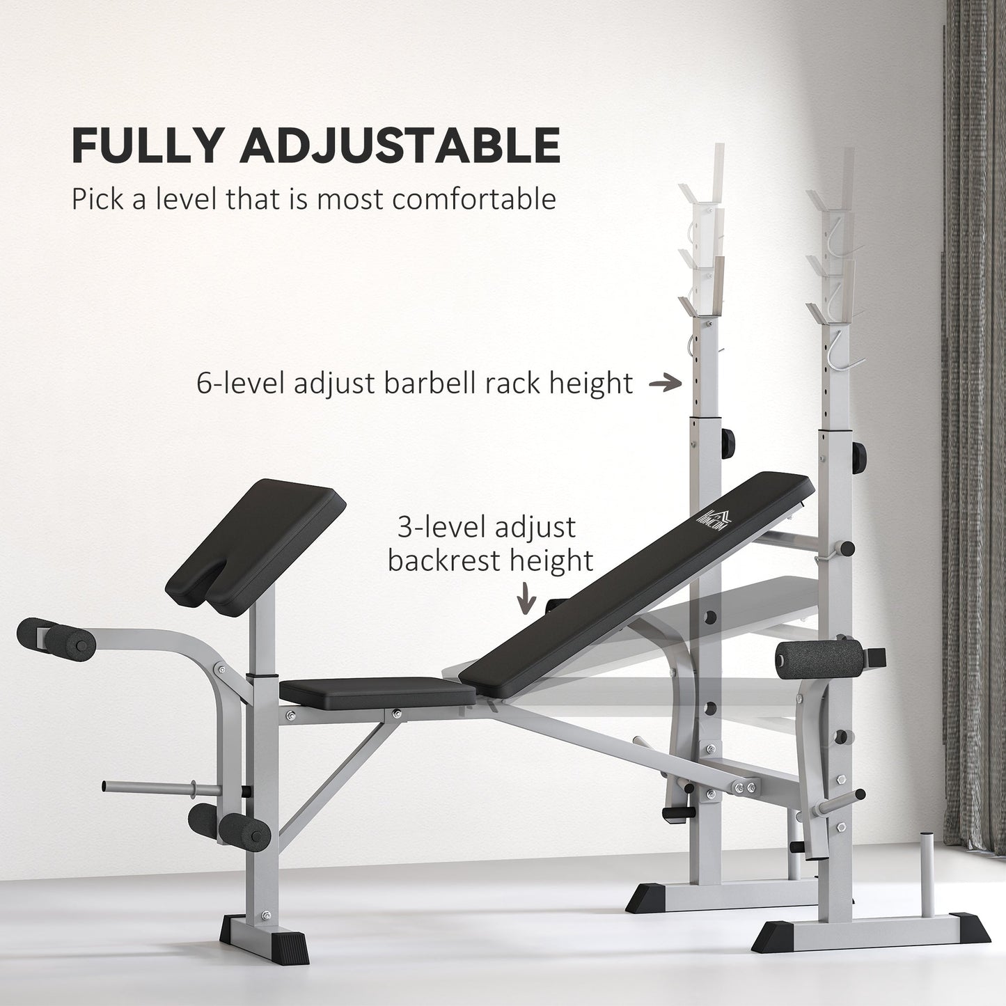 HOMCOM Adjustable Weight Bench with Squat Rack, Heavy Duty Bench Press Rack with Preacher Curl Pad, Leg Developer, Barbell Rack, Butterfly, Home Gym Strength Training Multiuse Workout Bench, Grey