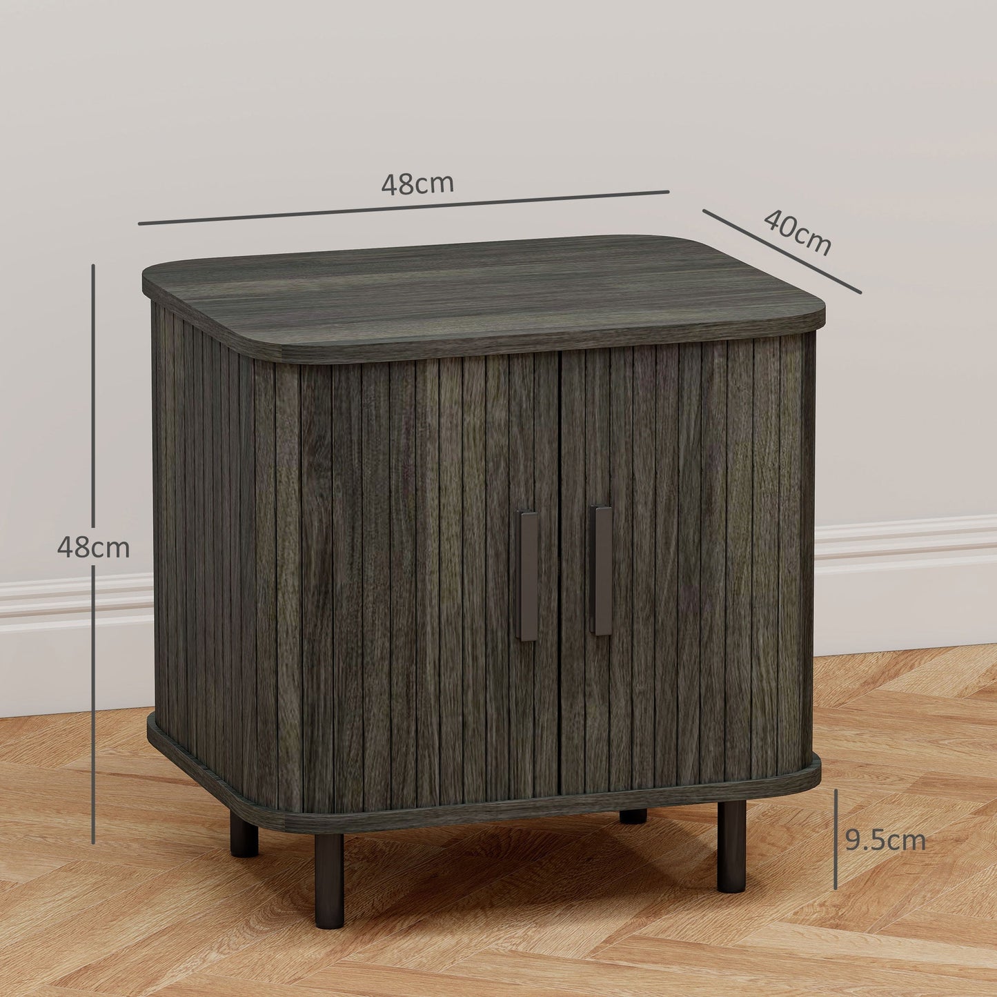 HOMCOM Bedside Table, Nordic Side Table with Roller Shutter Style Sliding Doors and Metal Legs for Bedroom, Living Room, Grey