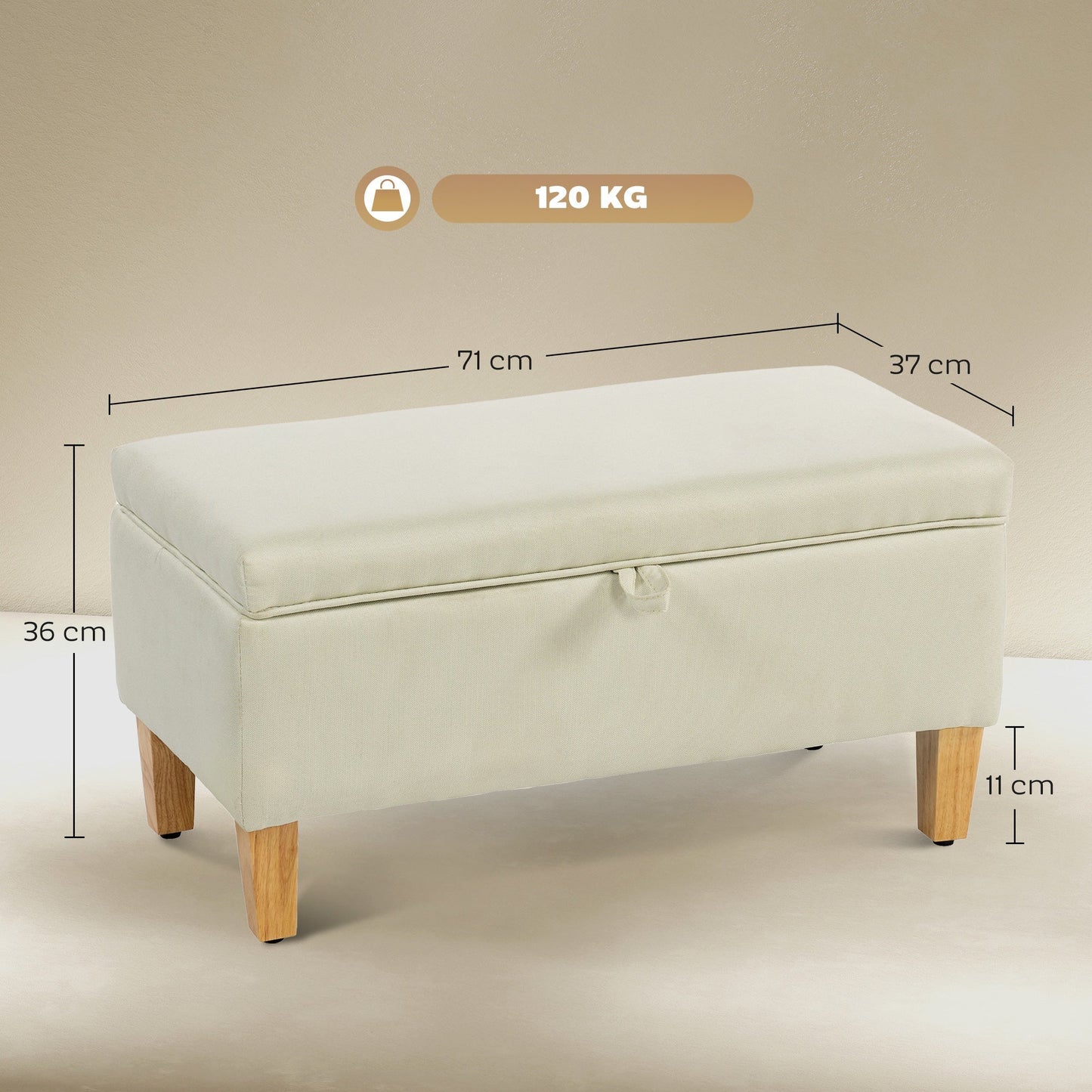 HOMCOM 30L Linen Storage Ottoman Padded Footstool with Rubberwood Legs for Storage Box, Bed End, Shoe Bench, Seating, Beige