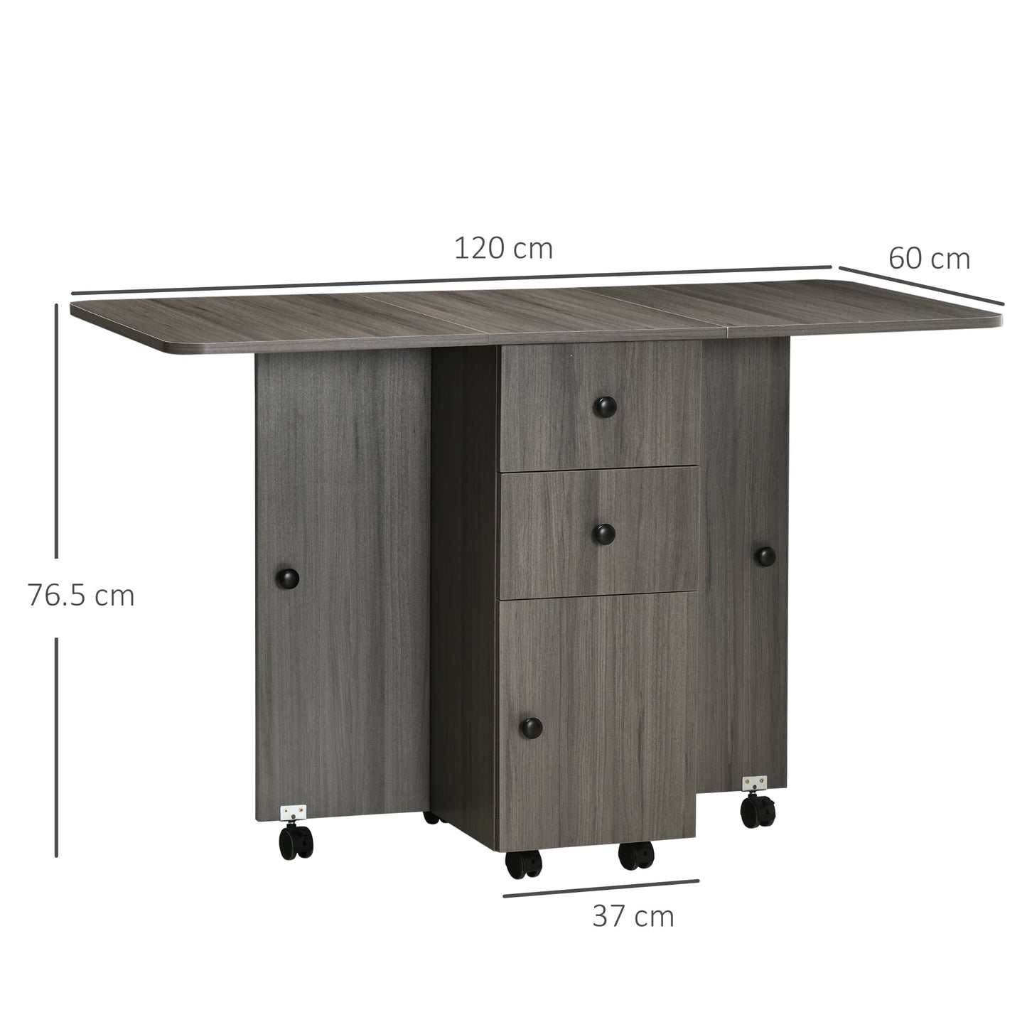 Retro Style Folding Dining Table for 4-6, Rolling Drop Leaf Table with Storage Drawers, Cabinet and Open Shelf, Extendable Kitchen Table on Wheels, Grey