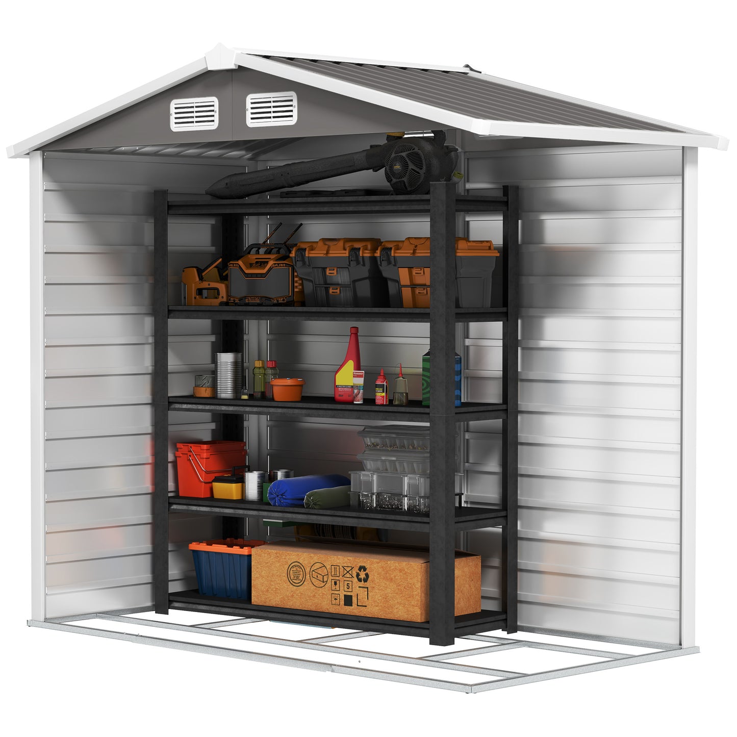 Outsunny 7 x 4ft Garden Shed, łatwy w montażu, ulepszona ocynkowana stalowa rama z zestawem fundamentowym, podwójne drzwi z zamkiem, metalowa szopa zewnętrzna z otworami wentylacyjnymi i rękawicami, ogrodowa szopa magazynowa, jasnoszary