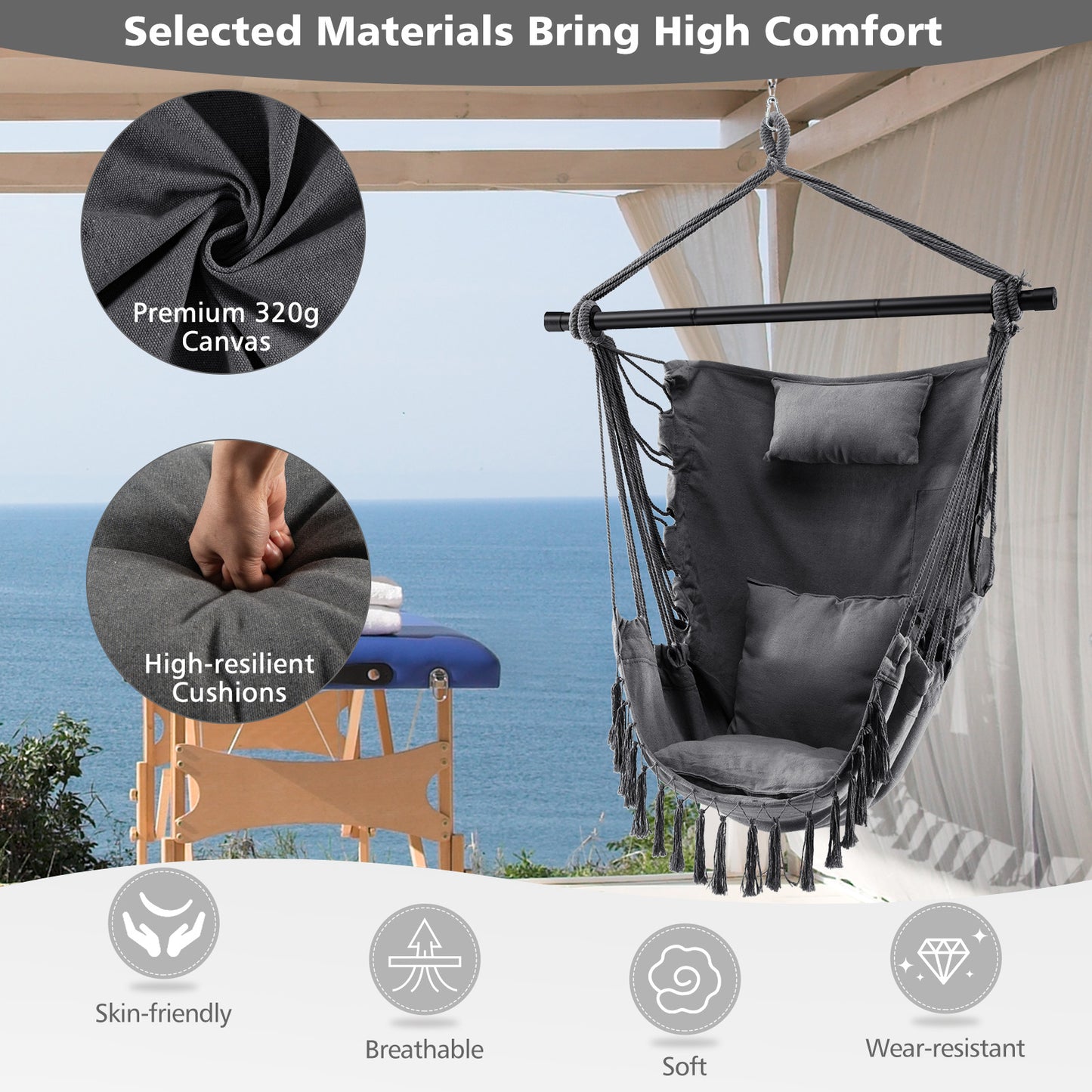 Hammock Chair with Soft Pillow &amp; Cushions for Home &amp; Backyard-Grey