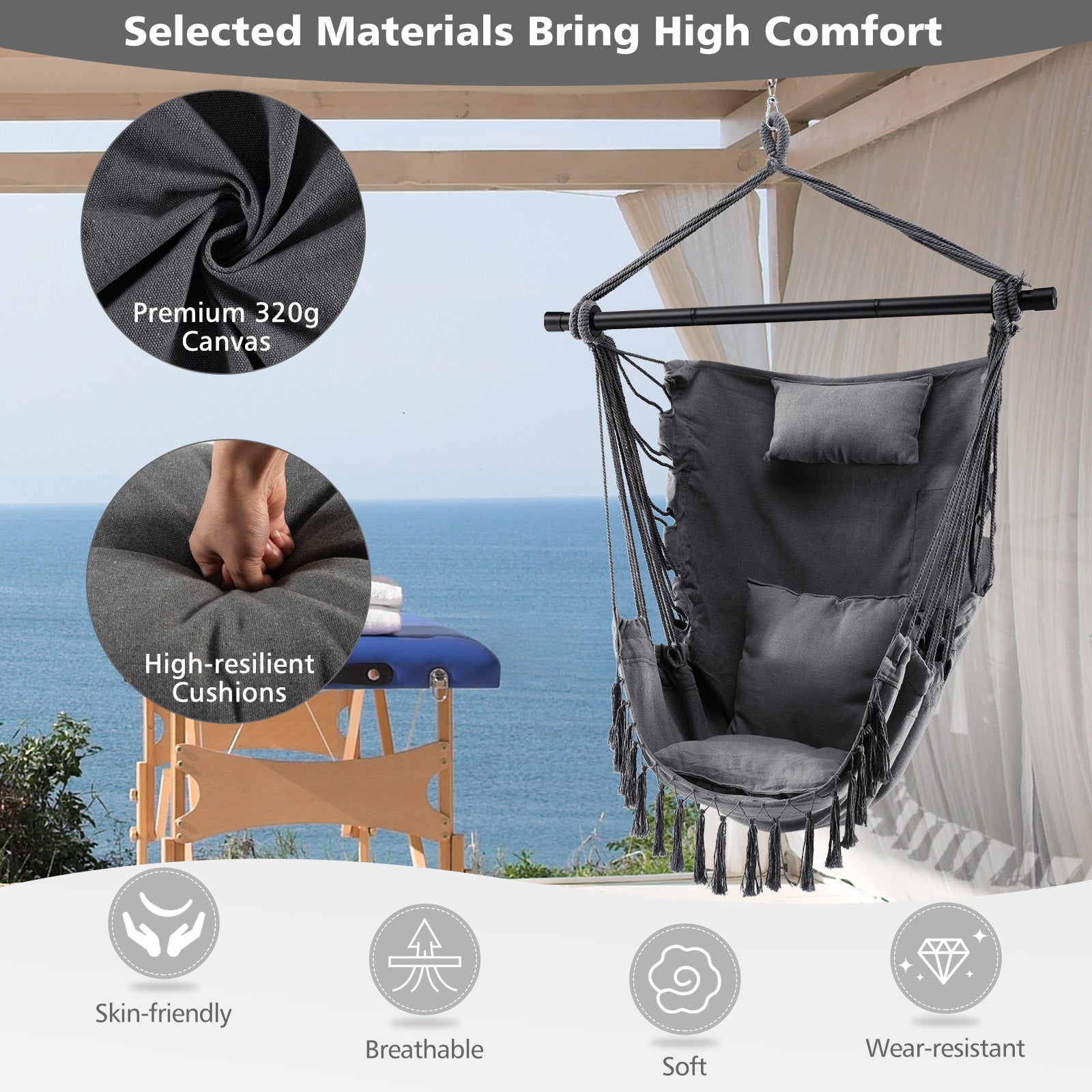 Hammock Chair with Soft Pillow &amp; Cushions for Home &amp; Backyard-Grey