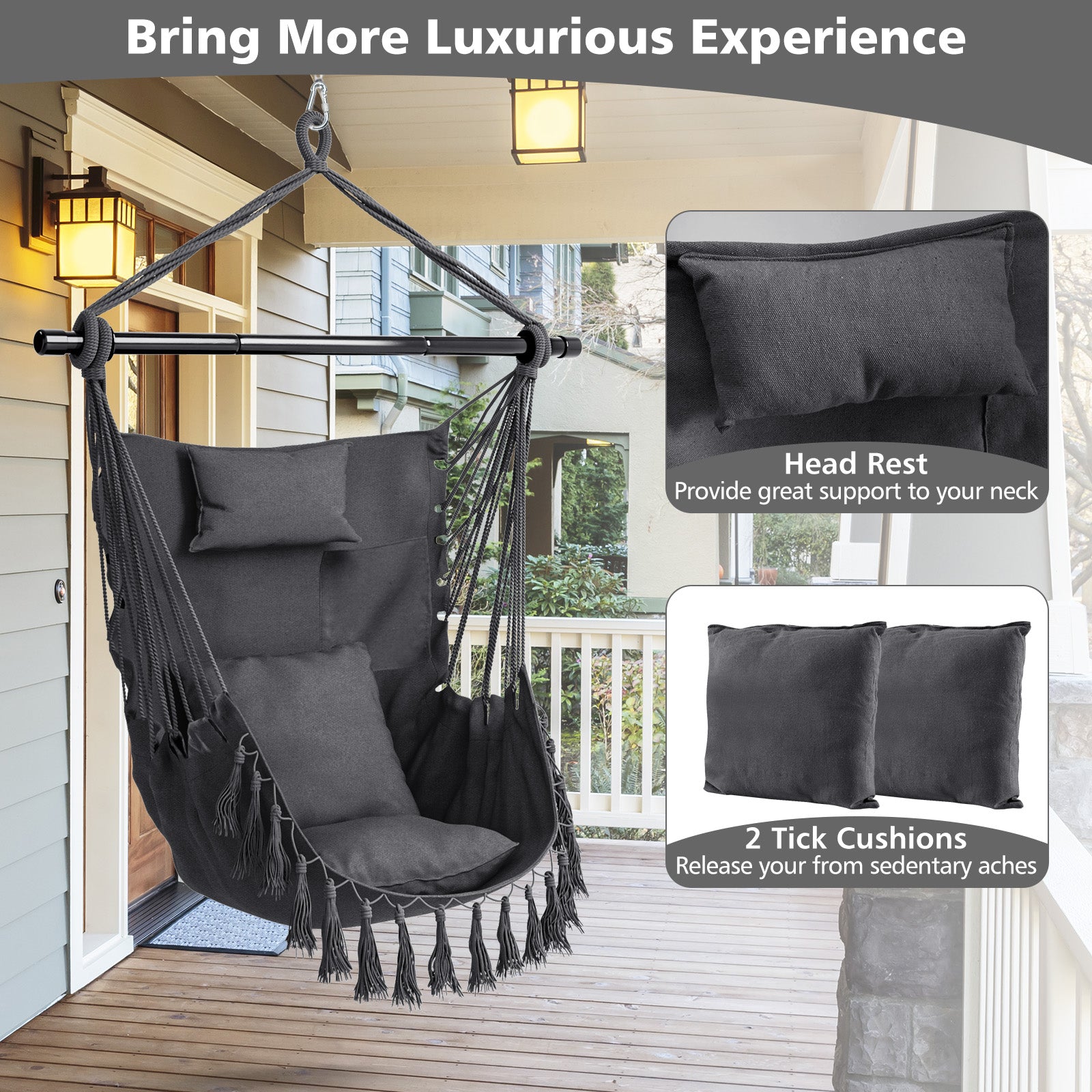 Hammock Chair with Soft Pillow &amp; Cushions for Home &amp; Backyard-Grey