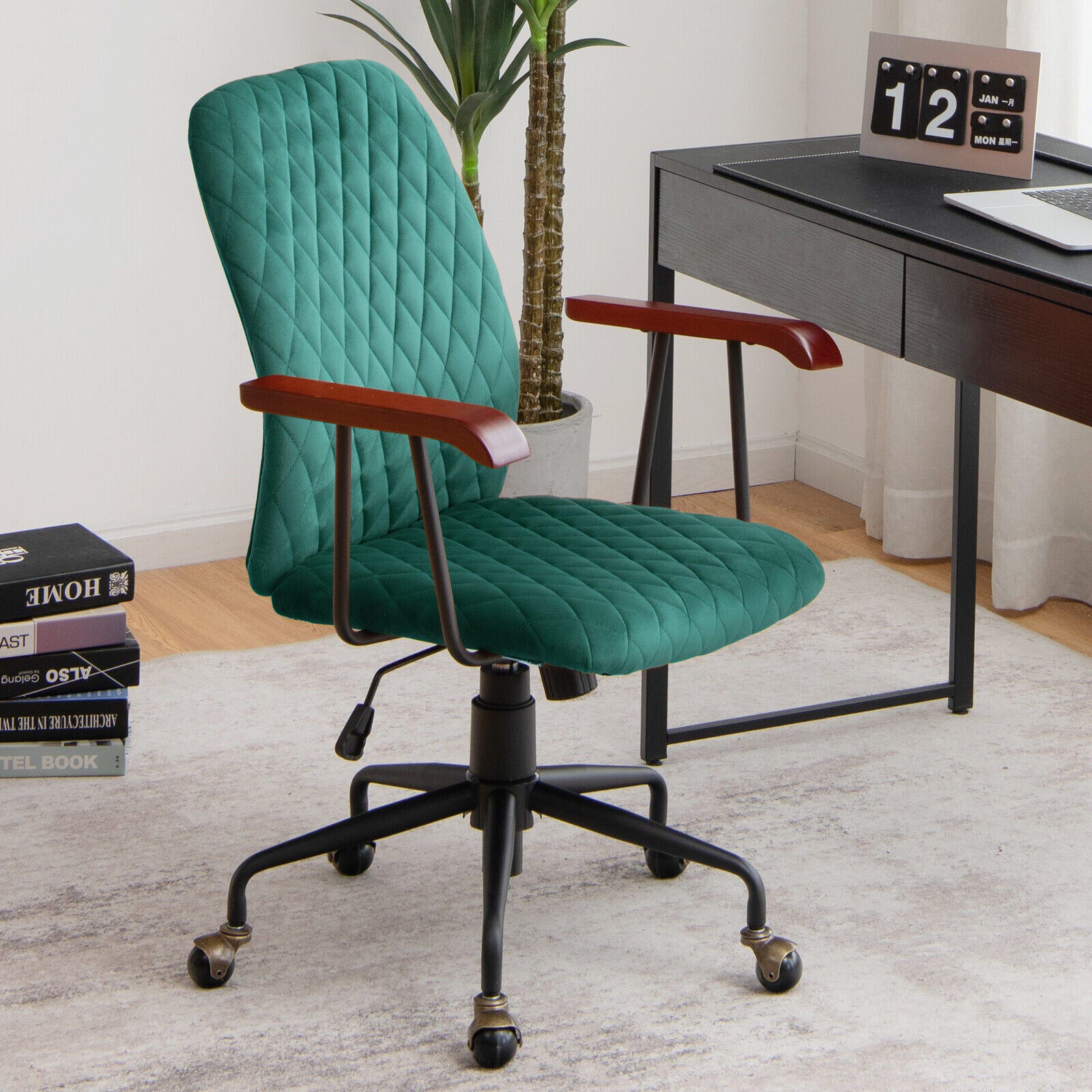 Adjustable Velvet Rocking Leisure Chair with Padded Seat and Rubber Wood Armrests-Green