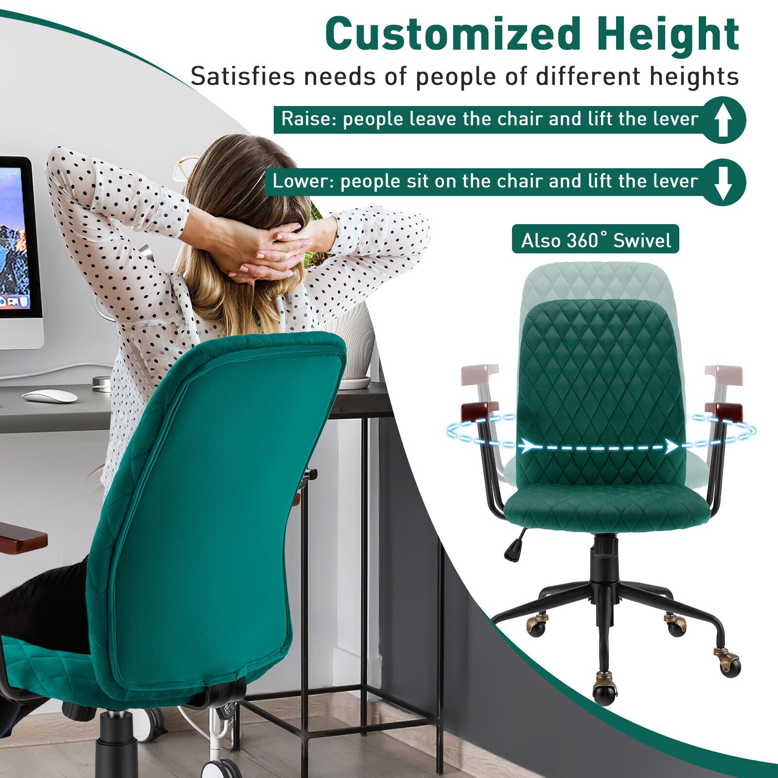 Adjustable Velvet Rocking Leisure Chair with Padded Seat and Rubber Wood Armrests-Green