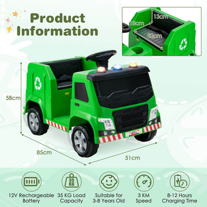 12V Kids Ride-on Garbage Truck with Warning Lights-Green