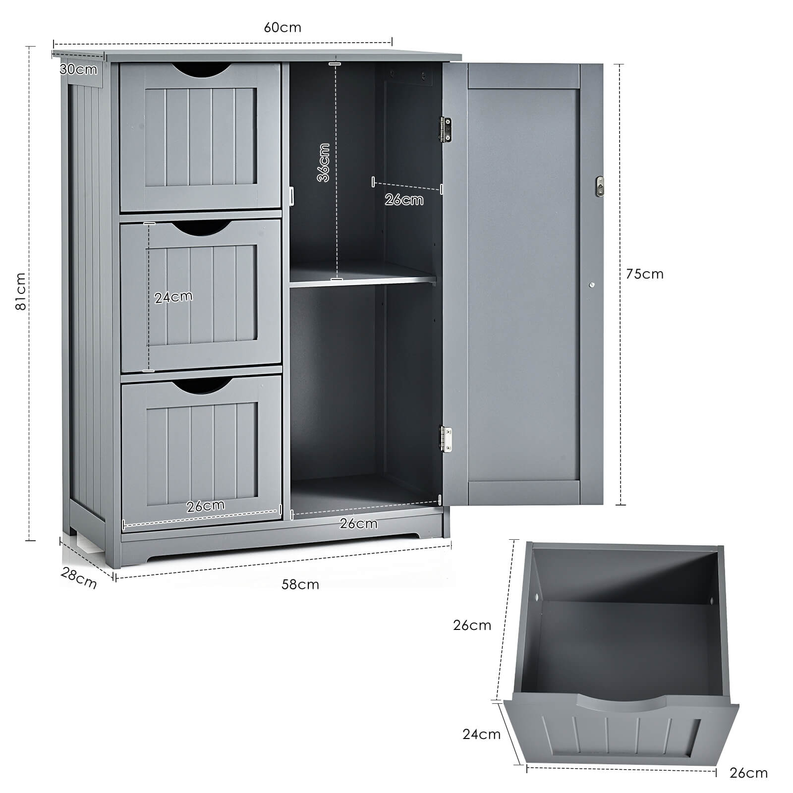 1-Door Freestanding Bathroom Cabinet with 3 Drawers-Grey