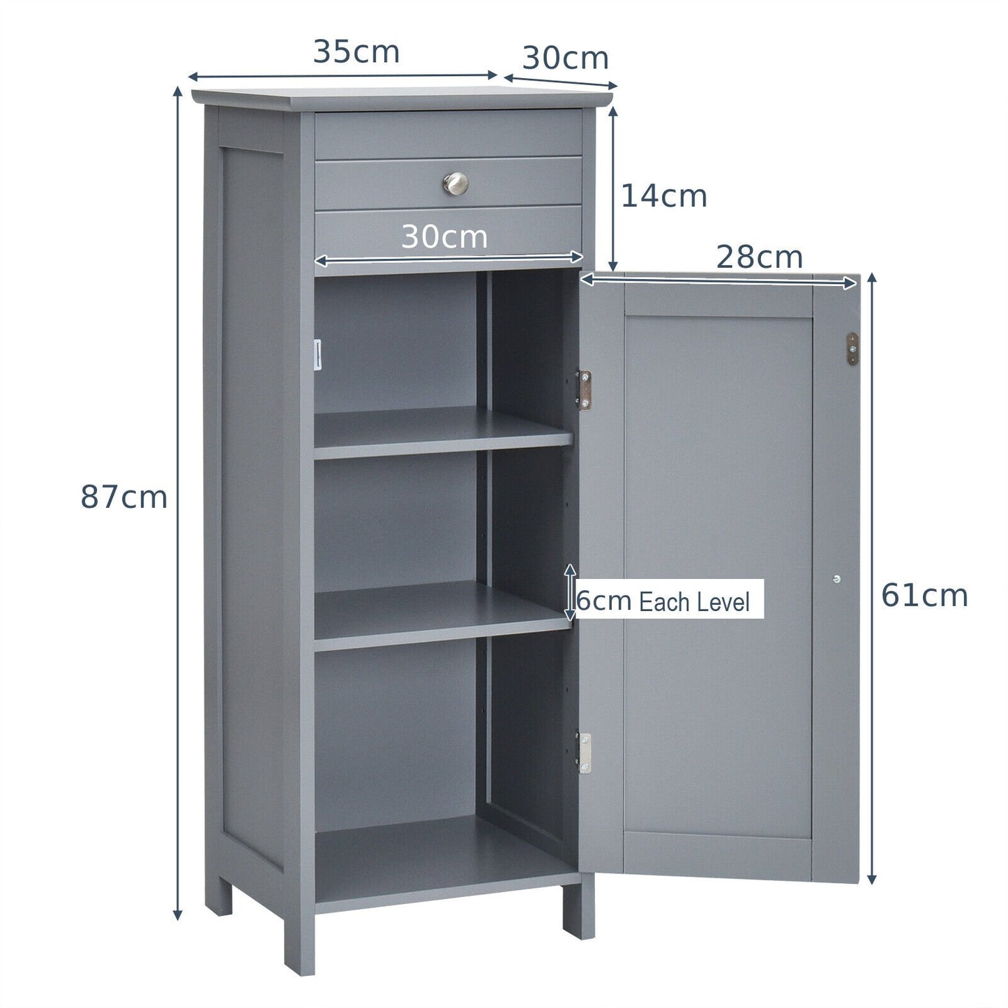 1-Door Freestanding Bathroom Storage Cabinet with Drawer and Adjustable Shelves-Grey