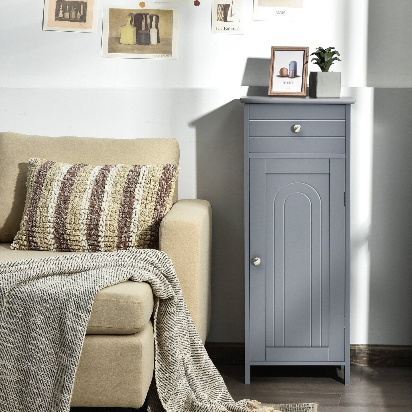 1-Door Freestanding Bathroom Storage Cabinet with Drawer and Adjustable Shelves-Grey