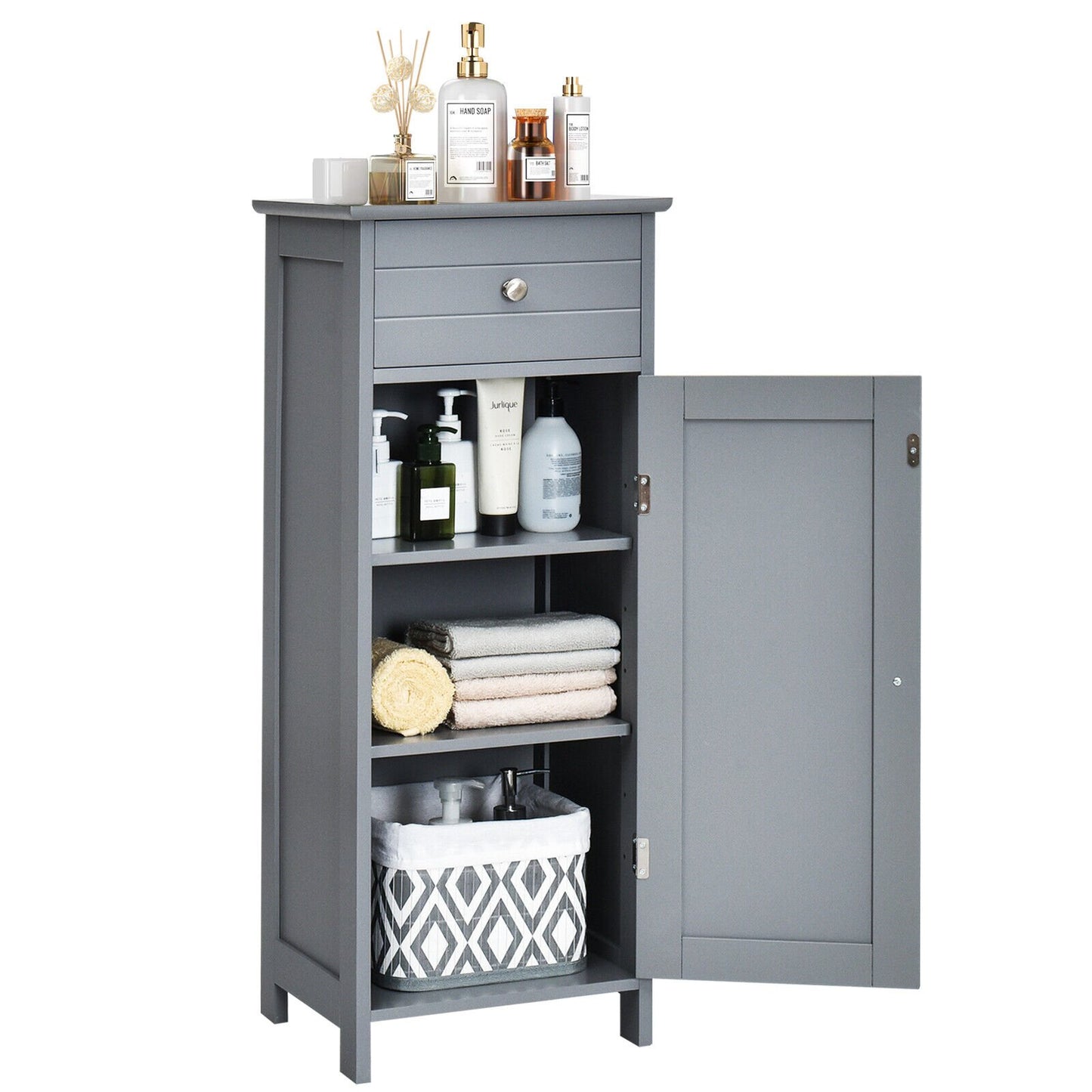 1-Door Freestanding Bathroom Storage Cabinet with Drawer and Adjustable Shelves-Grey