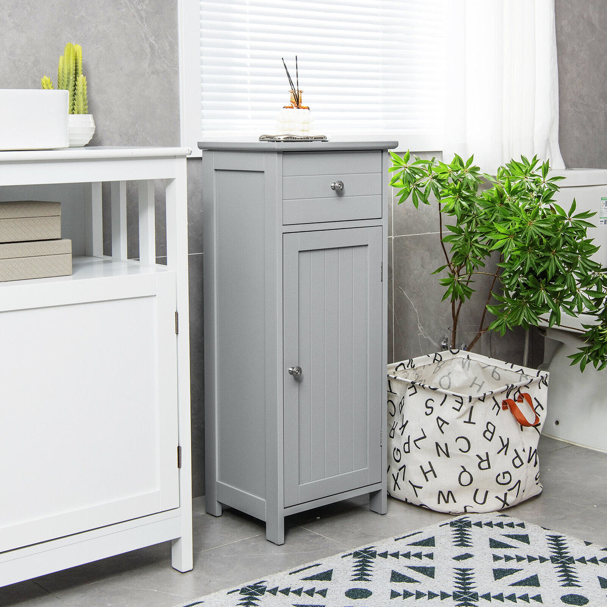 3-Tier Free-Standing Bathroom Cabinet with Drawer-Grey