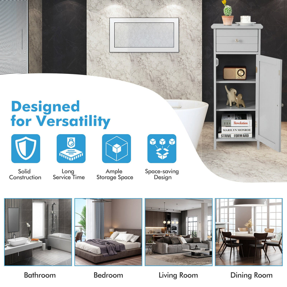 3-Tier Free-Standing Bathroom Cabinet with Drawer-Grey
