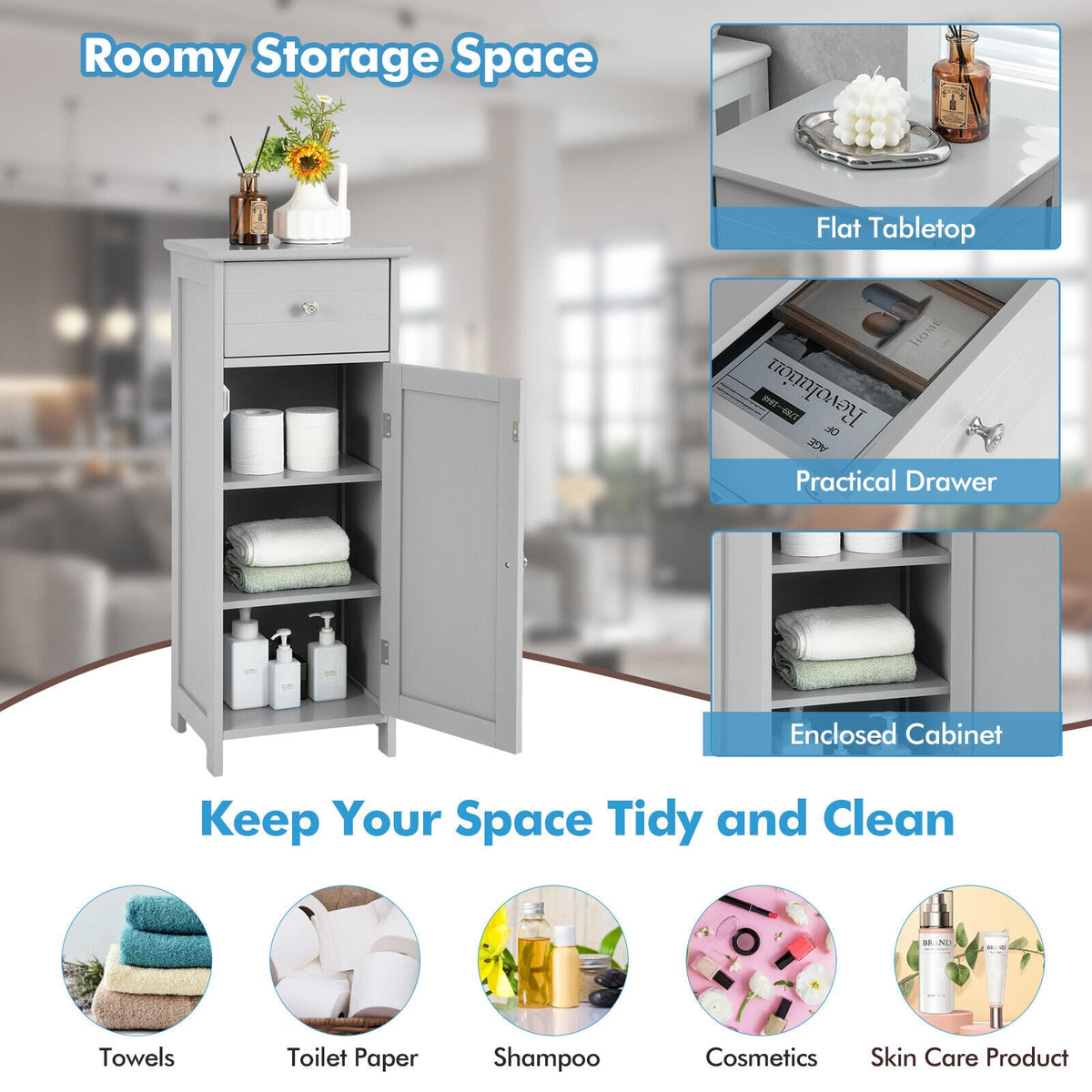 3-Tier Free-Standing Bathroom Cabinet with Drawer-Grey