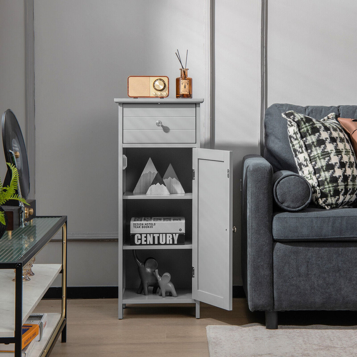 3-Tier Free-Standing Bathroom Cabinet with Drawer-Grey