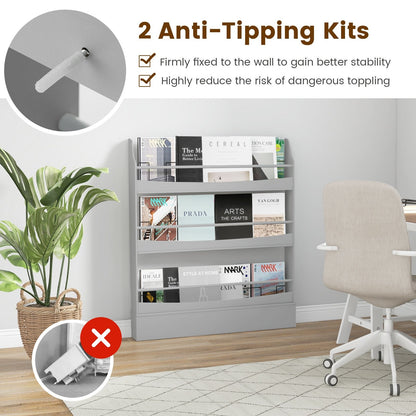 3-Tier Standing Bookshelf with 2 Anti-Tipping Kits and Guardrails-Grey