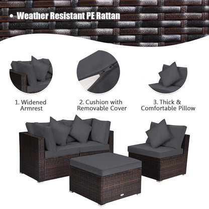 4 Pieces Outdoor Rattan  Conversation Set with Removable Cushions and Pillows-Grey