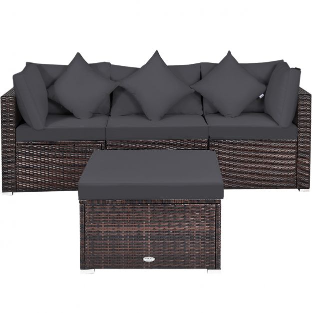 4 Pieces Outdoor Rattan  Conversation Set with Removable Cushions and Pillows-Grey