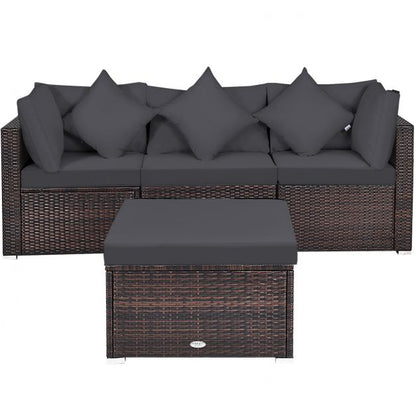4 Pieces Outdoor Rattan  Conversation Set with Removable Cushions and Pillows-Grey