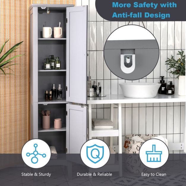 2-Door 160cm High Freestanding Bathroom Cabinet with 5-Tier Shelves-Grey