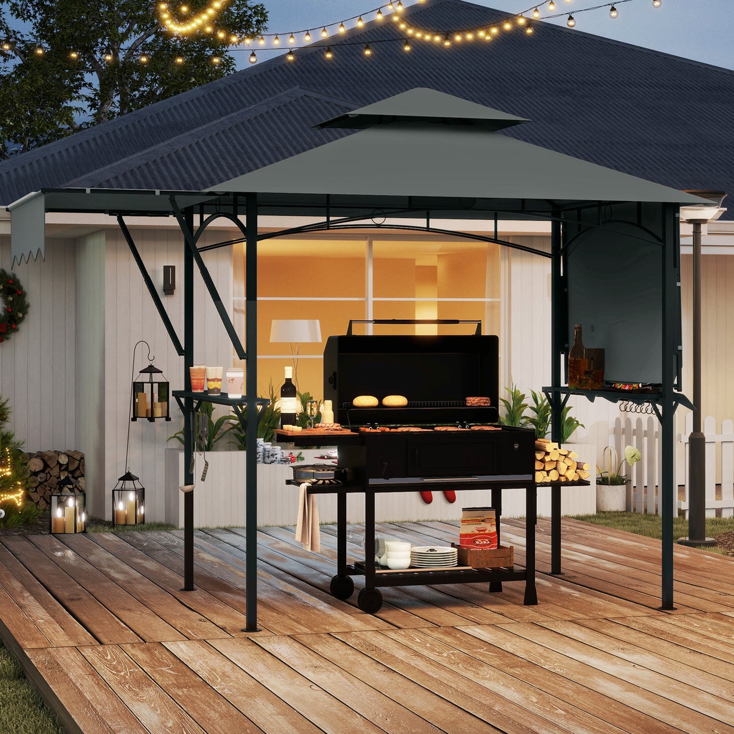 398 x 153 cm Grill Gazebo with Dual Side Awnings and Adjustable Shadow-Grey